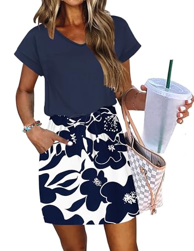 Image of AUSELILY Womens Summer Mini Dress, Short Sleeve V Neck Drawstring Casual | Soft smooth drape with an adjustable drawstring waist for beach, casual outings and daily wear