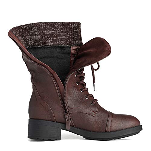 DREAM PAIRS DREAM PAIRS Women's Winter Lace up Mid Calf Combat Riding Military Boots,Size 5,Burgundy