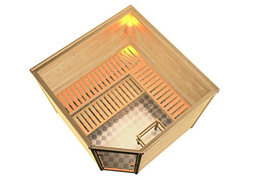 Woodfeeling 38 mm Massiv Sauna Donan mit Dachkranz (Eckeinstieg)- für niedrige Räume-6