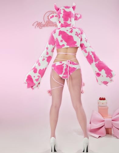 Women's Anime Cute Pajamas Set Cow Print Cosplay Lingerie Furry Paw Set Fuzzy Hoodie Top and Bra Panty Outfit2