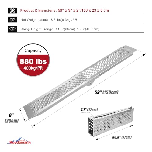 Ruedamann 5FT 2Pcs Aluminum Shed Ramp, 9" W Folding Powersports Loading Ramp, 880Lba/PR Capacity, Riding Lawn Mower, Ebike, ATV, UTV, Dirt Bike, Motorcycle Ramp for Pickup Truck Trailers Bed Shed
