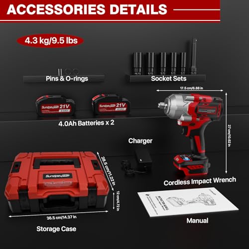 SundpeyPRO Cordless Impact Wrench 750Ft-lbs(1000N·m) - 21V 1/2\" Brushless Electric Impact Driver with 2 * 4.0Ah Battery - 3000RPM Power Impact Gun with Sockets & Fast Charger & Case for Car Truck RV - Thumbnail 7