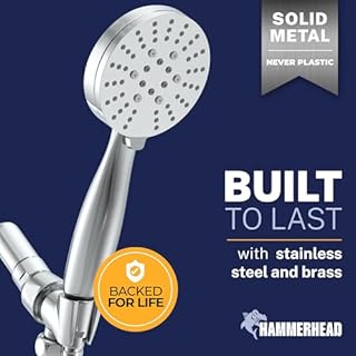 HammerHead Showers® Solid Metal 3-Spray Handheld Shower Head with Long Hose and Holder - CHROME - 2.5 GPM High Pressure Shower Head with Handheld Sprayer - WIDE, MASSAGE, and MIST Sprays