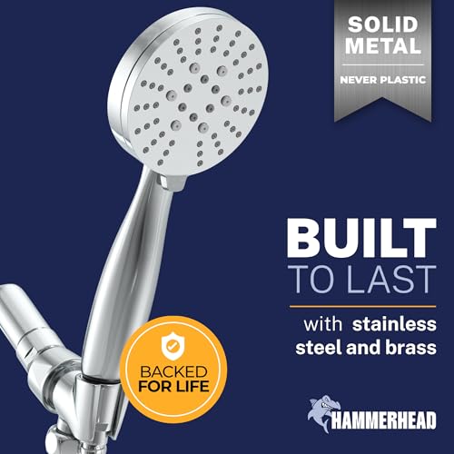 HammerHead Showers® Solid Metal 3-Spray Handheld Shower Head with Long Hose and Holder - CHROME - 2.5 GPM High Pressure Shower Head with Handheld Sprayer - WIDE, MASSAGE, and MIST Sprays