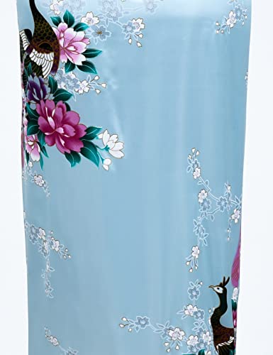 Heone Japanese Long Kimono Satin Peacock Printed Lightweight Cardigan Jacket Coat Loose Yukata Cloak Bathrobe Tops Folding Fans Tabi Socks Set(Light Blue Xl-5Xl) #TOP5