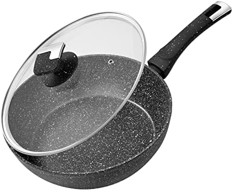 Rainberg Deep Frying Pan, Frying Pan with Lid, Granite Frying Pan Nonstick, Nonstick Frying Pans with Lid, Stone Frying Pan with Lid, Induction Compatible, Christmas Present (Black Deep FryPan, 26cm)