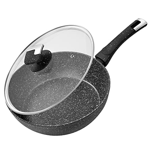 Rainberg Deep Frying Pan, Frying Pan with Lid, Granite Frying Pan Nonstick, Nonstick Frying Pans with Lid, Stone Frying Pan with Lid, Induction Compatible, Christmas Present (Black Deep FryPan, 26cm)