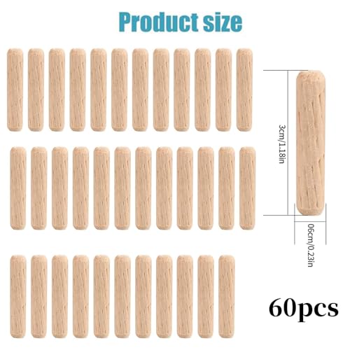 60 Stück Holzdübel sortiert, 6mm Holzstopfen Dübelstangen, Holznadeln konisch und gerippt für gerillte Rillen, Basteln, Heimwerken, Zimmerei