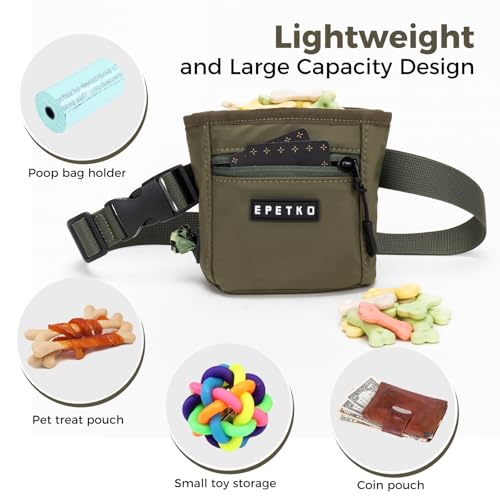 EPETKO Leckerlibeutel für Hunde mit Metall-Gürtelclip, Leistungsstarke Magnetverschluss Gerät Beutel Leckerli Hund Gürtel, Große Kapazität Hund Leckerli Tasche Beutel mit Poop Bag Dispenser (Grün)