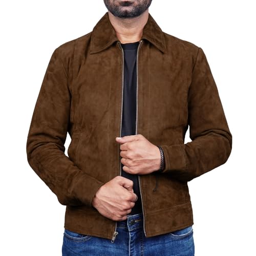 Mens Polo Collar Zipper Suede Shirts Long Sleeve Shacket Suede Trucker Jacket Real Suede Leather Shirt