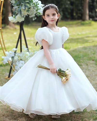 Tulle Flower Girl Dress with Puff Sleeve Backless First Communion Dress with Bow Girls Ball Gown Dress with Pearl3