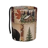 Retelly Rustic Lodge Bear Moose Deer Pattern Car Trash Can Oxford Fabric Waterproof Cylinder Shape