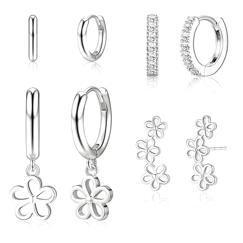Flower Earrings for Women,Huggie Small Stack Cartilage Stud Hoop Silver Earring Sets for Multiple Double Piercing, Conch Helix Rook Tragus Daith Piercing Silver Clip On Jewelry Set Gifts