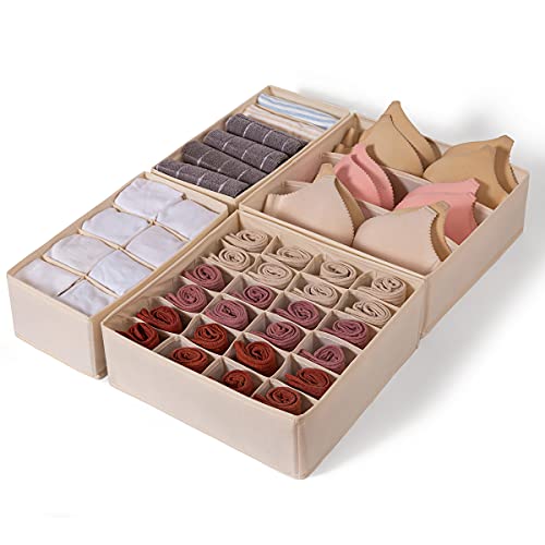 Qozary 4 Pack Foldable Drawer Organizers, Sock and Underwear Drawer Organizer Clothes, Desk Closet Fabric Organizer and Storage Drawer Dividers for Dresser Panties Underwear Bra Socks (Beige)