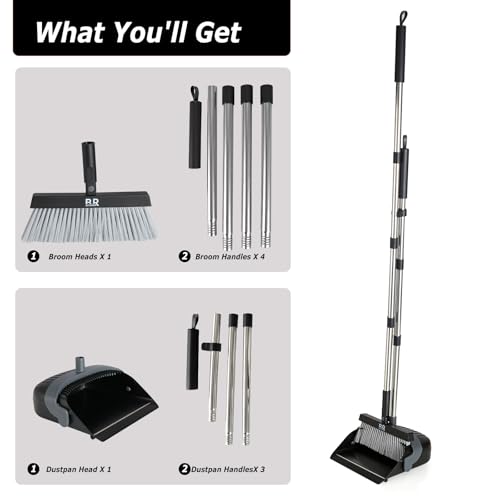 Besen- und Kehrschaufel-Set für Zuhause, mit langem Griff, Kehrschaufelbürste für Zuhause, Küche, Zimmer, Büro, Lobby, Boden, Innen- und Außenbereich, aufrechter stehender Besen mit