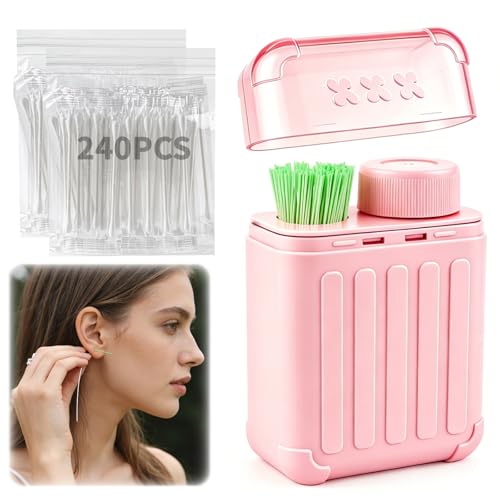 Bindvoew Ear Piercing Cleaner Kit with 240pcs Disposable Ear Piercing Cleaner Floss Skin-Friendly Paper Portable Piercing Aftercare System100 pcs Cotton Swabs for Men Women (Pink)