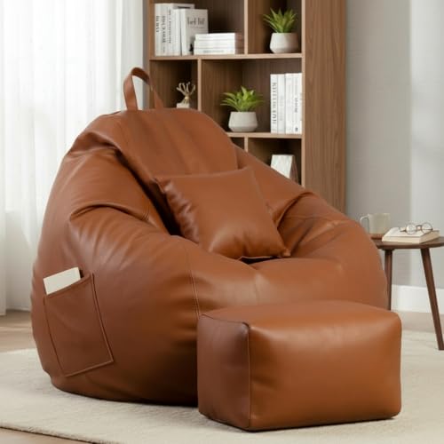 Image of KAM'S LIEU 5XL Luxury Faux Leather Bean Bag with Footrest & Cushion | Pre-Filled High-Density Polystyrene Beans | Premium Leatherette | 6 Months Warranty Color- (Tan, Without Footrest)