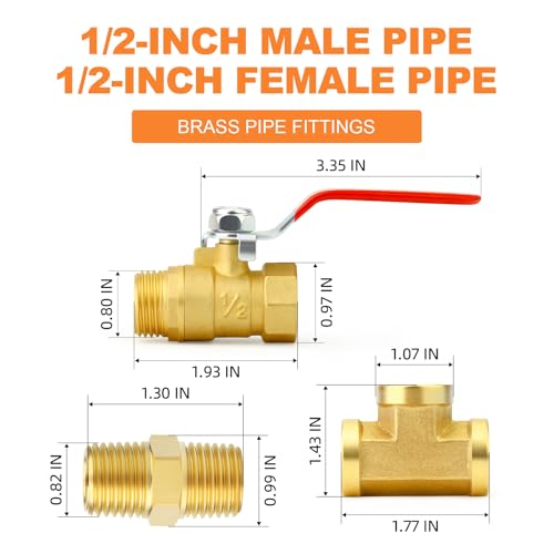 Image of GASHER 6PCS 1 /2 Inch NPT Brass Pipe Fitting, Ball Valve, Barstock Tee Brass Pipe Fitting and Air Hose Fitings