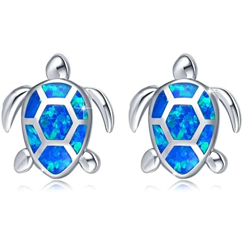 Sea Turtle Earrings,Sterling Silver Hawaiian Beach Themed Stud Earrings Turtle Dangle Blue Opal Ocean Jewelry Gifts for Women Girlfriend (Stud) Cover