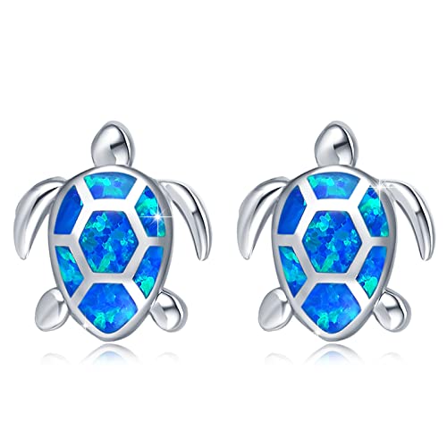 Sea Turtle Earrings,Sterling Silver Hawaiian Beach Themed Stud Earrings Turtle Dangle Blue Opal Ocean Jewelry Gifts for Women Girlfriend - Main Image