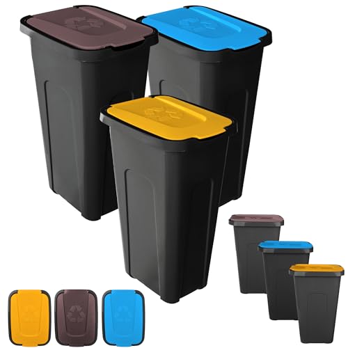 KADAX Juego de cubos de basura de 3 x 30 l, juego de cubos de basura para sistema de reciclaje, cubo de basura de plástico con tapa abatible (3, marrón, amarillo y azul)