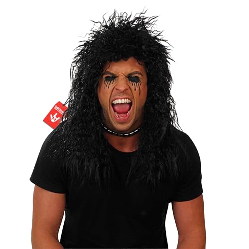 Deguisement Rocker Homme avec perruque noire volumineuse et style hard rock rétro à taille unique