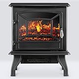 Della 17 Inch 1400W Compact Freestanding Portable Electric Fireplace Stove Heater with Realistic 3D Flame Effect, Infrared Quartz Indoor Heat, Faux Logs - Black