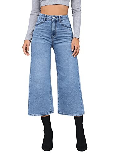 SweatyRocks Women's Casual High Waisted Jeans Wide Leg Loose Fit Cropped Denim Pants
