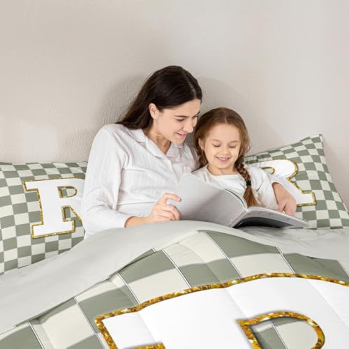 Image of Erosebridal Sage Green Checkered Kids Comforter Sets Plaid Initial R King Bedding Set for Adults Personalized Monogram Comforter Set,Fashion Grids Gingham Quilt Duvet 3 Pcs