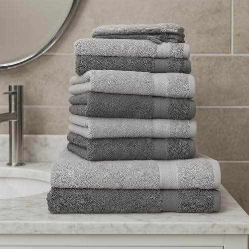 Foto von Betz Premium Handtuch-Set 10-teilig – 100% Baumwolle – Oeko-TEX® Zertifiziert – saugfähig&weich – 470g/m² – Duschtücher, Handtücher, Gästetücher & Waschhandschuhe – Farbe Anthrazit & Silber Grau
