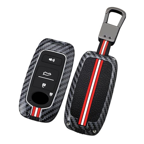 TECART Key Fob Cover with Keychain,Carbon Fiber Pattern Zinc Alloy Key Case Protector Fit for Toyota Yaris Ativ Raize Veloz Avanza Rush Perodua Daihatsu Tanto 4 Button Black