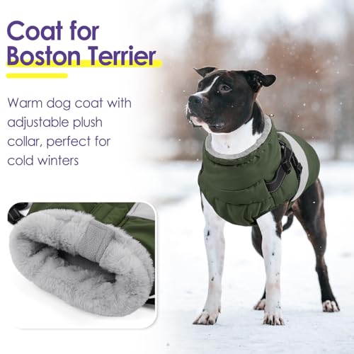 Image of Dog Jacket, Large Dog Coat with Harness Built in, Warm Pet Winter Jacket Zippered Snow Coat with Furry Collar, Waterproof Fleece Snowsuit for French Bulldog, Army Green L