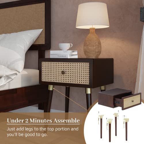 Bme Nipe Solid Wood Rattan Nightstand Boho Accent End Table With Large Storage Drawer, Fully Assembled For Coastal Mid Century Modern Bedroom And Living Room, Walnut #TOP2