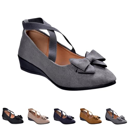 Image of UK 6 Womens Low Wedge Ballerina Ankle Elastic Cross Strap Closed Toe Comfy Pump Shoes Comfy Dolly Shoes for Ladies Clearance Bow#_Grey