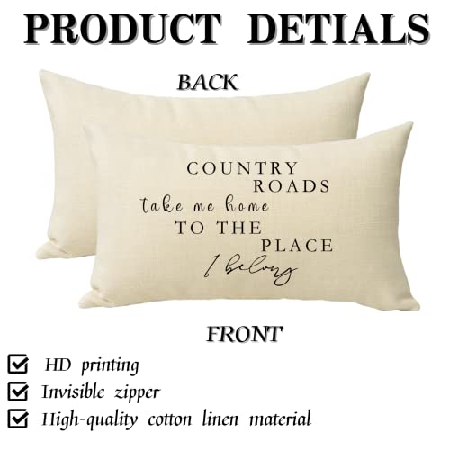 Image of Lumbar Country Roads Take Me Home Christmas Rectangle Decorative Throw Pillow Cover, Rustic Quote Home Farmhouse Decoration, Housewarming Gift Cushion Case for Sofa Decor Cotton Linen 12 x 20