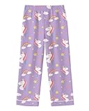LANKMEI Girl's Pajama Pants Sleepwear Soft Fashion Lounge PJ Bottoms with Pockets, Rainbow Unicorn-Purple, 9-10 Years = Tag 150