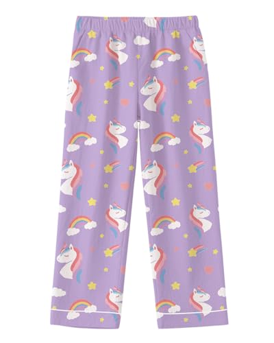 LANKMEI Girl's Pajama Pants Sleepwear Soft Fashion Lounge PJ Bottoms with Pockets, Rainbow Unicorn-Purple, 9-10 Years = Tag 150