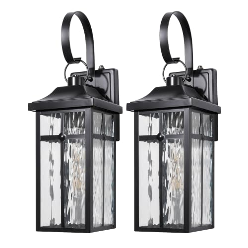 Image of 2 Pack Dusk to Dawn Outdoor Wall Lights, 19 inch Black | Exterior Wall Mount Light Fixtures with Water Ripple Glass, Waterproof Outside Wall Sconces for Garage Patio Entryway