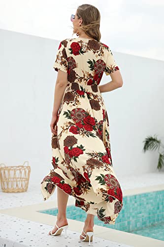 Image of VintageClothing Women's Floral Maxi Dresses Boho Button Up Split Summer Casual Long Dress Beach Party Dress