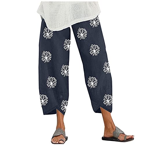 Image of Cotton Linen Capri Pants for Women 2025 Casual Printed Cropped Palazzo Pants Elastic Waist Lounge Baggy Trousers