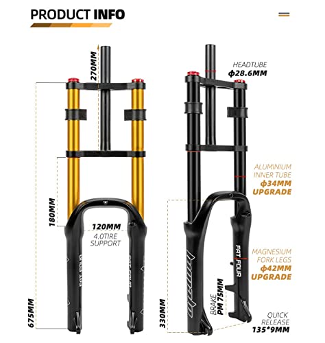 Gxfwjd 20Inch 4.0 Mountain Bike Fat Tire Forks Straight 1-1/8 E-Bike Bmx Air Suspension Fork Disc Brake Travel 160Mm With Travel Lock And Damping Adjustment Qr 2880G (Color : Black Gold) #TOP2