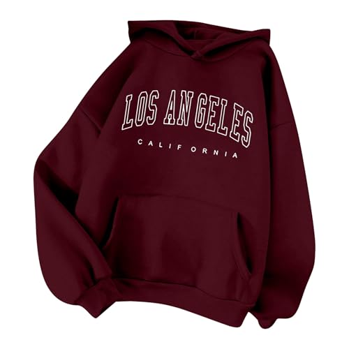 Pullover à capuche femme Oversize Los Angeles Hoodie Pullover avec capuche Hiver Manches longues Sweat à capuche Col rond Sweat à capuche mode Décontracté Sweatshirt à capuche Hauts, Rouge-1, 3XL