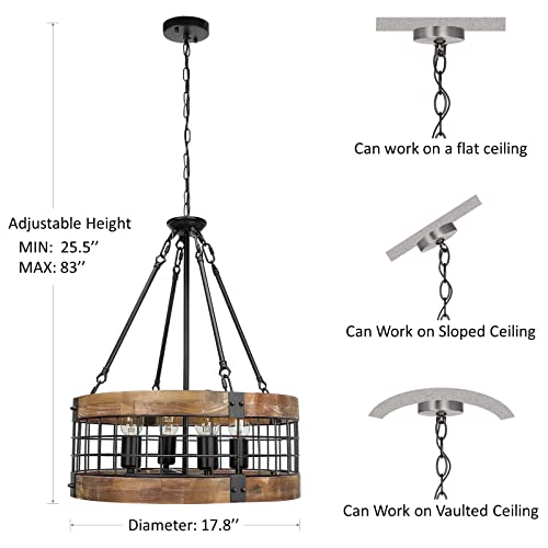 ACNKTZ Farmhouse Rustic Chandelier Light Fixture, 4-Light Round Hanging Pendant Lighting for Dining Room Entryway Kitchen Island Foyer Breakfast Area, Black Wood and Black Metal Finish - Image 5