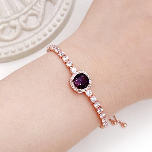 Image of Rose Plated Gold Brass Box Chain Cubic Zirconia Classic Tennis Slider Adjustable Bracelet, Round Big Zircon Charm Give Woman Mom Mother's Day Fashion Crystal Gift