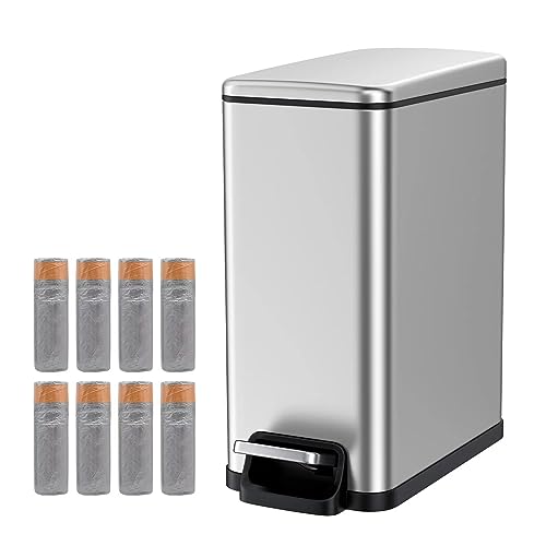 Image of BETHEBEST Small Bathroom Trash Can with Lid,2.6 Gallon Rectangular Satinless Steel Garbage Can Removable Wastebasket for Bedroom,Bathroom,Silver (with 120 Count Garbage Bag)