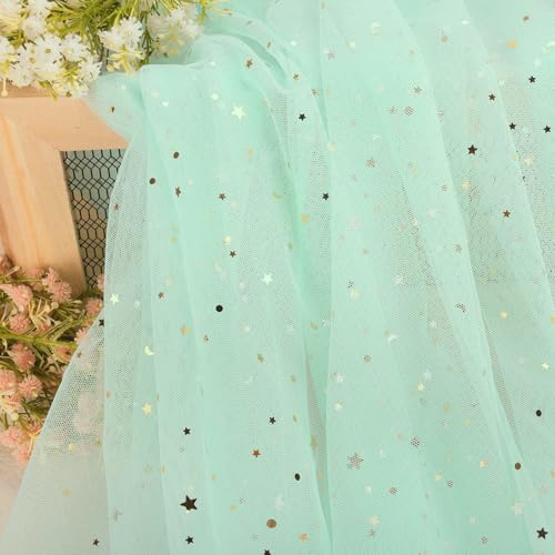 HAVII 59" x 2 Yards Mint Green Glitter Tulle Rolls Star Moon Sequin Tulle Fabric Bolt for Photography Props Background Tutu Table Skirts DIY Sewing Crafts Wedding Party Decor