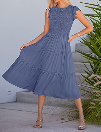 Merokeety Women's Summer Casual Short Sleeve Round Neck Smocked High Waist Flowy Sun Midi Dress,Dustyblue,M #TOP7