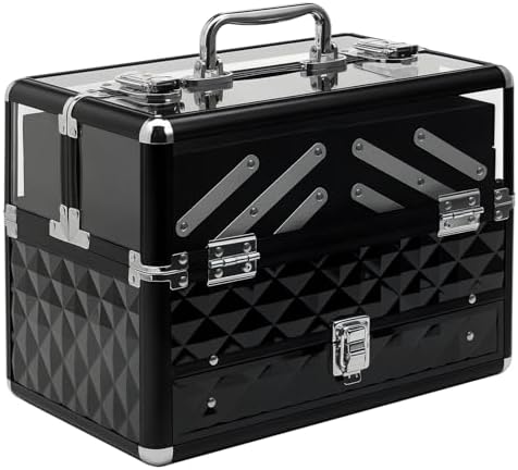 HOMCOM Maletín de Maquillaje Bisutería Organizador Cosméticos Portátil Múltiples Niveles con Asa y Bandejas Desplegables Aleación de Aluminio 30x18,5x22 cm Transparente y Negro
