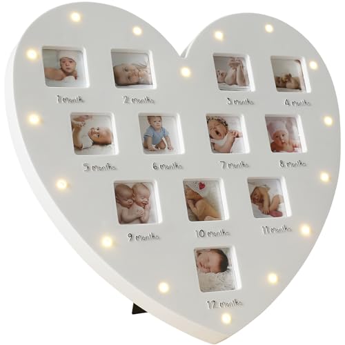 Tcwhniev My First Year Baby Picture Frame, Baby Keepsake Frame with LED Light Hold Twelve, 1.6×1.6in Newborn Nursery Decor, Photos Battery Powered 12 Month Milestone Photo Frames for New Mom Dad