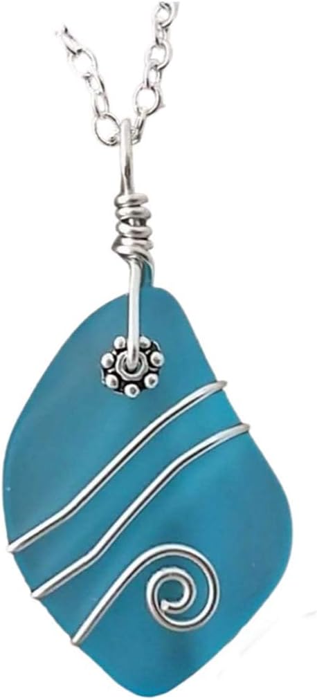 YInahawaii Handmade wire wrapped blue sea glass necklace, (Hawaii Gift Wrapped, Mother's Day Gift)